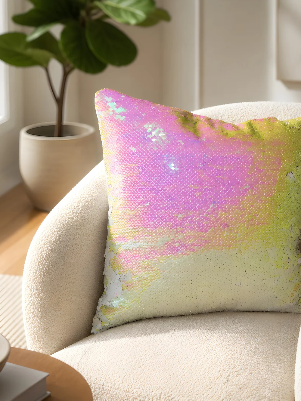 Iridescent Sequin Accent Pillow in Pink and White